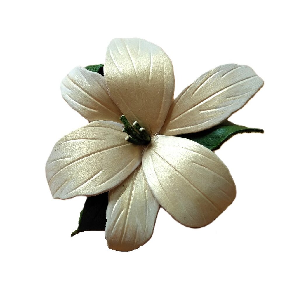 Vintage Leather Flower Brooch White Gold Pin Floral Handmade Retro Jewelry